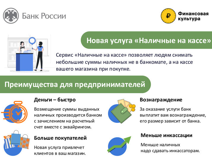 Сервис &quot;наличные на кассе&quot; позволяет покупателю снять наличные на кассе магазина.